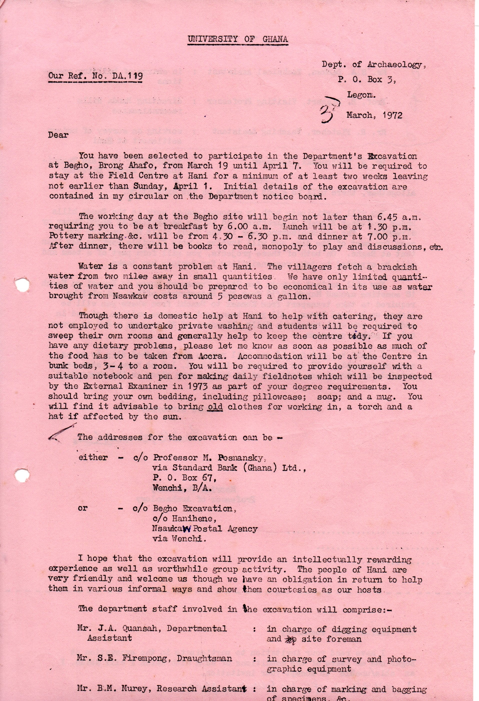 Admission Letter to all participants of Begho Excavations